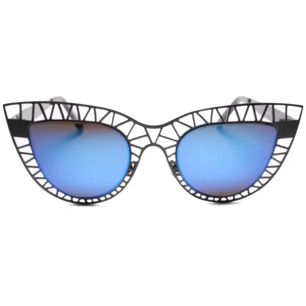 Black Metal Cat Eye Sunglasses Blue Mirrored Lens